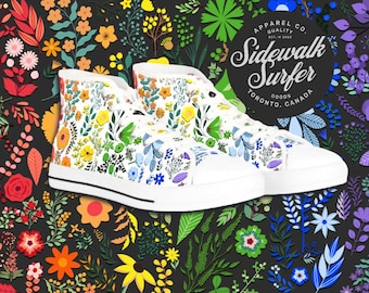 Flowers of Pride Men's Hi-Top Sneakers WHT, Flower Themed Footwear, Skate Shoes, Exclusive Hightop Converse Styled, Men's High Top Sneakers