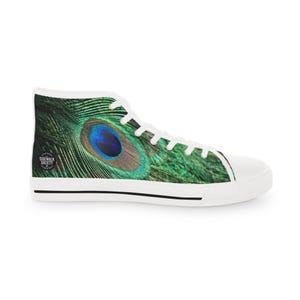 peacock sneaker, peacock sneakers, feather shoes, bird shoes, high top sneakers, mens shoes, modern shoes, womens shoes, unique shoes, hi-top shoes, bespoke footwear, custom shoes
