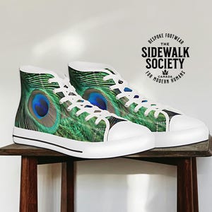 peacock sneaker, peacock sneakers, feather shoes, bird shoes, high top sneakers, mens shoes, modern shoes, womens shoes, unique shoes, hi-top shoes, bespoke footwear, custom shoes