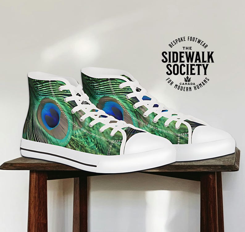 peacock sneaker, peacock sneakers, feather shoes, bird shoes, high top sneakers, mens shoes, modern shoes, womens shoes, unique shoes, hi-top shoes, bespoke footwear, custom shoes