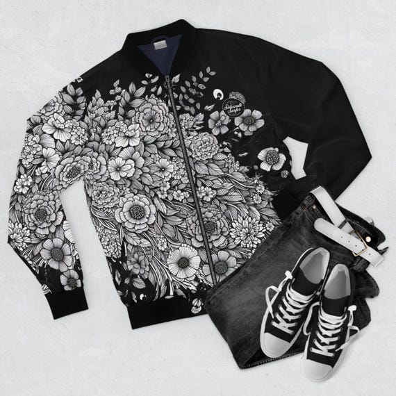 Flower Garden Jacket Spring, Black Floral Jacket, White
