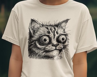 May include: A white t-shirt with a black and white illustration of a cat with large, wide eyes. The cat is looking to the right of the image.
