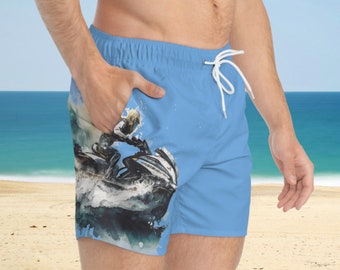 Men Swim Trunks Shorts Jetski Racing Design, Swim Suit Draw String, Trunks Mesh Lining and Pockets, Cottage Lake Summer, Men's Swim Trunks