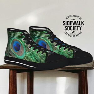 peacock sneaker, peacock sneakers, feather shoes, bird shoes, high top sneakers, mens shoes, modern shoes, womens shoes, unique shoes, hi-top shoes, bespoke footwear, custom shoes