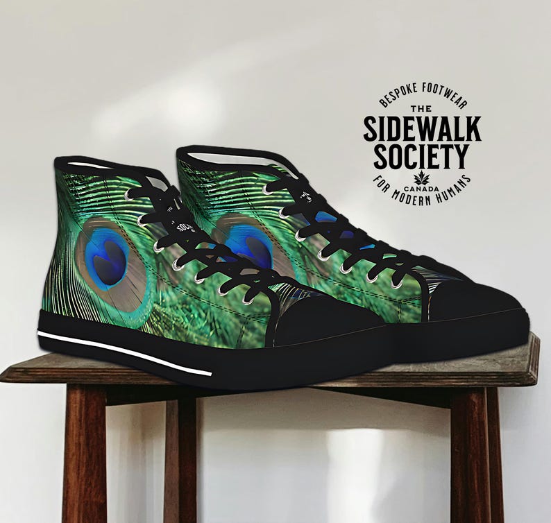 peacock sneaker, peacock sneakers, feather shoes, bird shoes, high top sneakers, mens shoes, modern shoes, womens shoes, unique shoes, hi-top shoes, bespoke footwear, custom shoes
