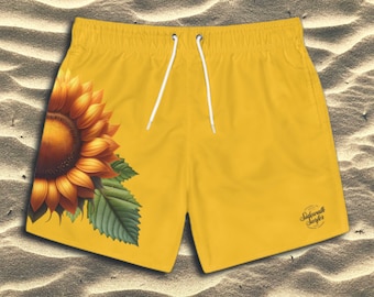 Men Swim Trunks Shorts Sunflower Design, Swim Suit Draw String, Trunks Mesh Lining and Pockets, Cottage Lake Summer, Men's Swim Trunks