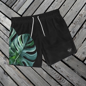 Monstera zwarte zwembroek, monstera zwempak, monstera badpak, trendy sneldrogende strandbroek, zwemkleding heren