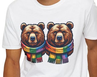 Camiseta LGBTQ para pareja de osos: Camiseta del orgullo con bufanda arcoíris