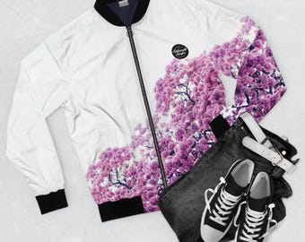 Blossom Floral Bomber Jacket with Modern Edge, Pink Cherry Blossom Jacket, Pink Coat, Designer Bomber Jacket, Spring Jacket