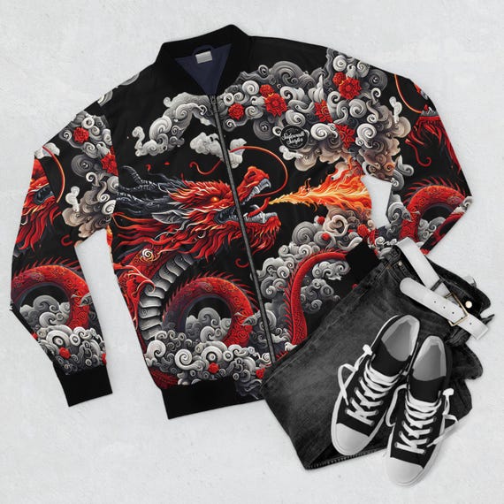 Sukajan Dragon Bomber Jacket: Red Serpent, Fire Dragon Print - Etsy