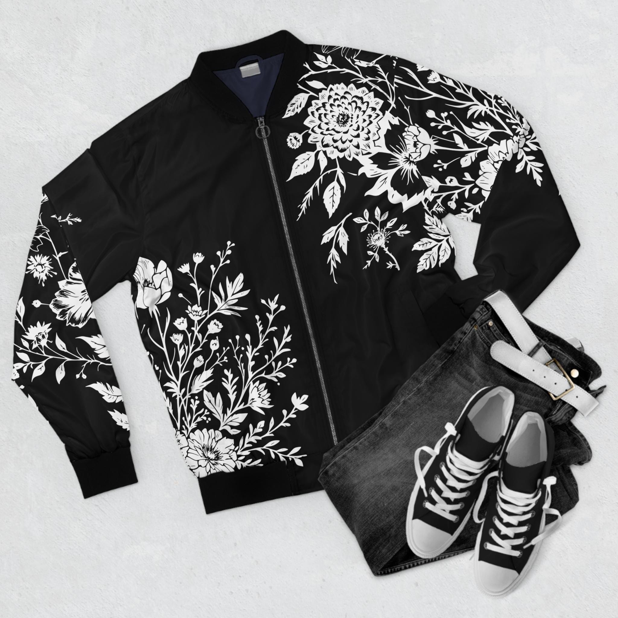 Black Floral Bomber Jacket: Unisex Polyester Fall Coat Israel
