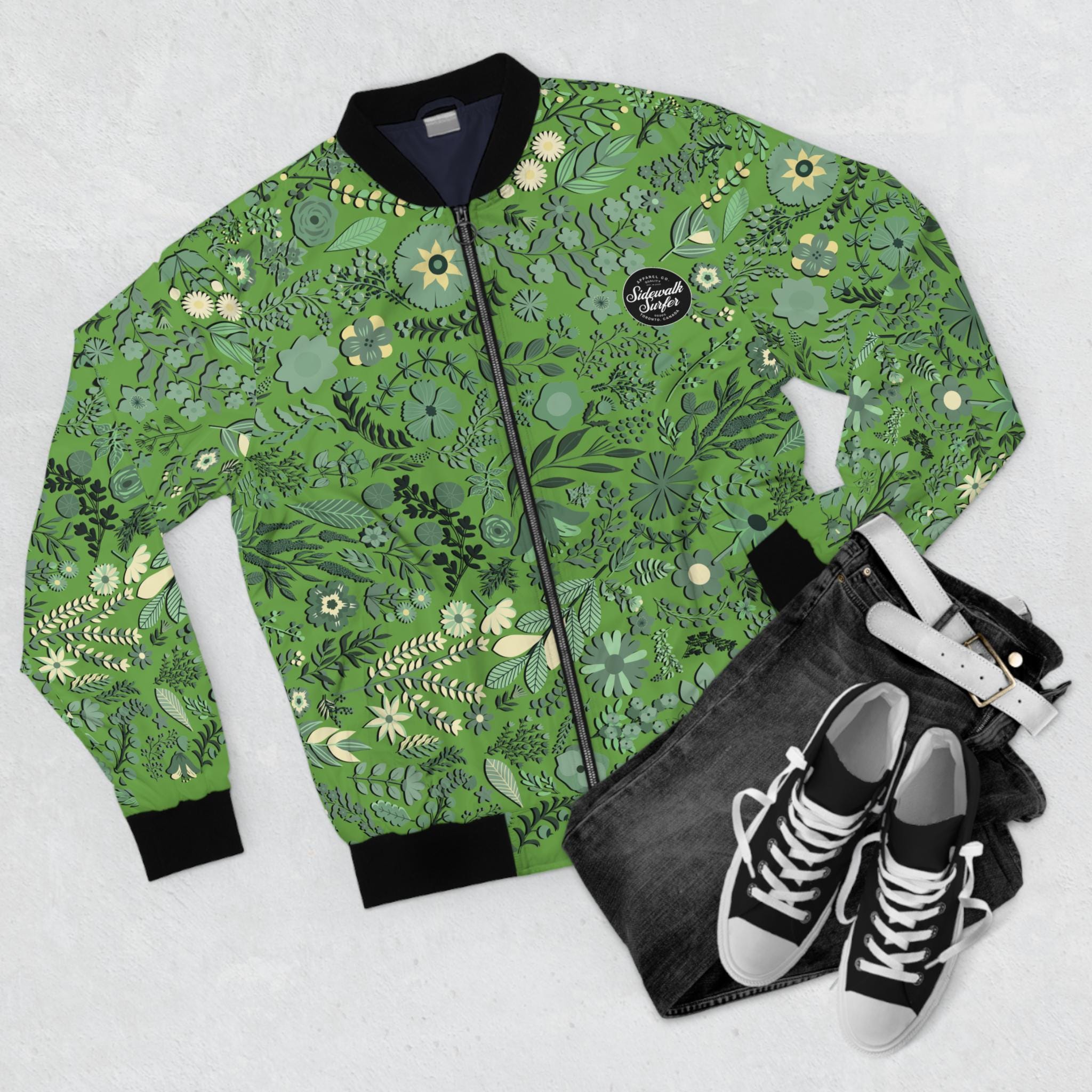 Frog Green Floral Bomber Jacket: Vintage Urban Chic Designer