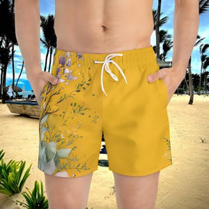 Bloemen aquarel gele zwembroek, zwempak met bloemen, badpak met bloemen, trendy sneldrogende strandbroek, zwemkleding heren