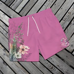 Bloemen aquarel roze zwembroek, badpak met bloemen, badpak met bloemen, trendy sneldrogende strandbroek, zwemkleding heren