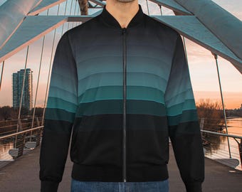 Chaqueta bomber de rayas verde azulado: moda unisex de otoño