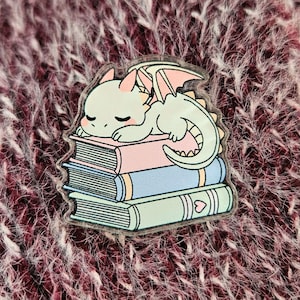 Sleeping Book Dragon Pin | Fantasy Reader Gift, Bookstack Accessory, Dungeon Crawler RPG, Dragon Lover, Cozy Reading Library Acrylic Badge