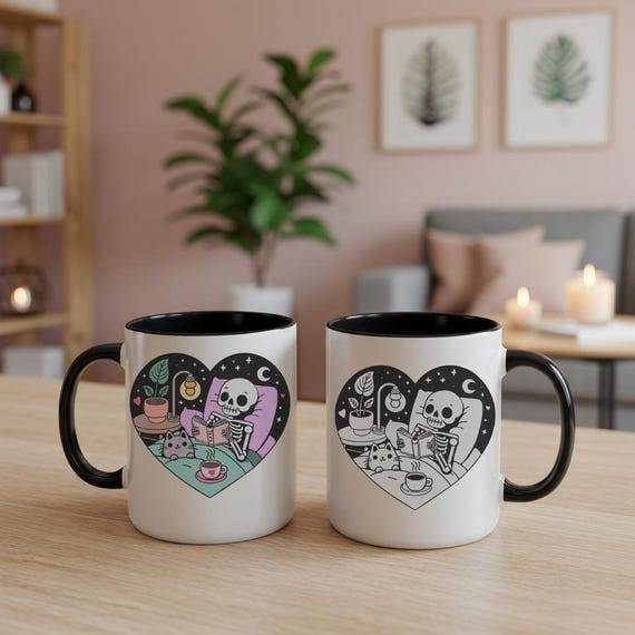 Reading Skeleton Cat Mug -  Cozy Spooky Bookish Gift for Readers, Bookworms, Book Lovers | Cute Halloween Heart-Shaped | 11 oz Coffee Mug