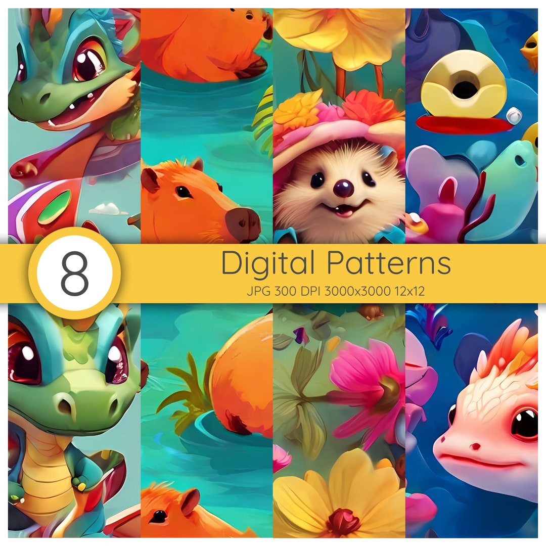 Digital Animal Patterns: Capybaras, Dragons, Hedgehogs, Axolotl ...