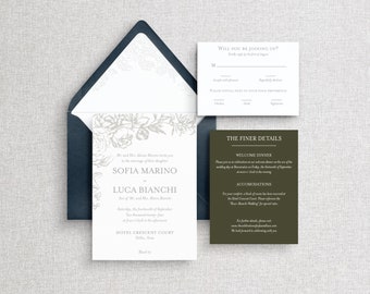 Amore Custom Invitation Suite Sample; Navy and Green Wedding Invitation; Invitation Envelope Liner; Floral Wedding Invitation