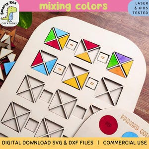 Può includere: Giocattolo di apprendimento in legno con forme geometriche colorate per mescolare i colori. Il giocattolo ha una griglia con forme diverse e un'area separata per i colori primari. Il testo "mescolare i colori" e "colori primari" è stampato sul giocattolo.