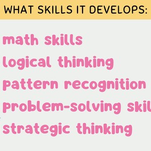 May include: A list of skills developed by playing games, including math skills, logical thinking, pattern recognition, problem-solving skills, and strategic thinking.