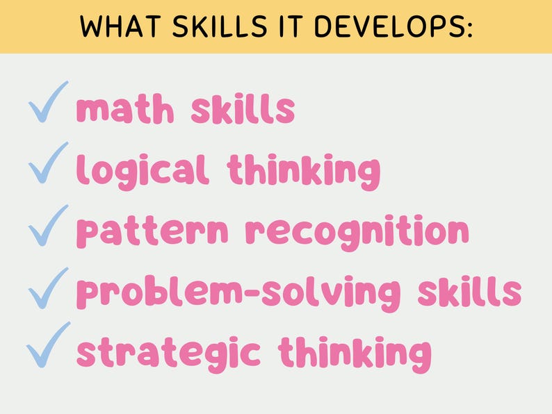 May include: A list of skills developed by playing games, including math skills, logical thinking, pattern recognition, problem-solving skills, and strategic thinking.