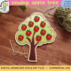 May include: A wooden apple tree sewing activity with red felt apples and a green felt tree. The text "sewing: apple tree" is printed on the top of the tree. The text "LASER & KIDS TESTED" is printed on the top right corner of the image.
