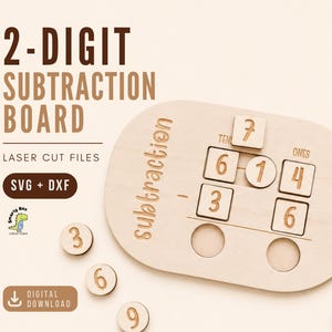May include: Wooden 2-Digit Subtraction Board with laser-cut design. The board includes a subtraction section, number tiles, and the text "2-DIGIT SUBTRACTION BOARD". The board is designed for educational purposes and is a digital download.