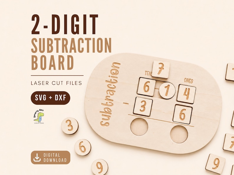 May include: Wooden 2-Digit Subtraction Board with laser-cut design. The board includes a subtraction section, number tiles, and the text "2-DIGIT SUBTRACTION BOARD". The board is designed for educational purposes and is a digital download.