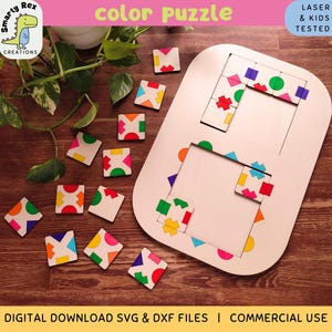 May include: A color puzzle with a wooden base and colorful geometric shapes. The puzzle is labeled "color puzzle" and "laser & kids tested".