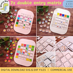 以下が含まれることがあります： 子供向けの4つの木製ダブルエントリーマトリックスボードのセット。各ボードは、異なる形と色の7x7グリッドを持っています。ボードはレーザーカットされ、子供向けにテストされています。画像には、ボードで使用できるさまざまなばらばらのピースも表示されています。