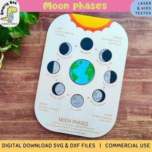 Rompecabezas de fases lunares (archivo láser, SVG, DXF), calendario lunar infantil, rompecabezas Montessori, Glowforge, tapa Trofast, proyecto científico
