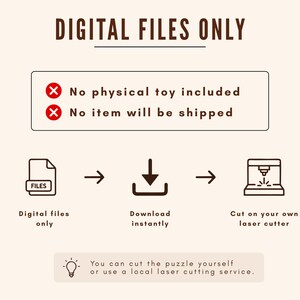 Op de afbeelding: Afbeelding die digitale bestanden voor lasersnijden promoot. Tekst luidt "DIGITAL FILES ONLY" met pictogrammen en tekst die digitale bestanden, direct downloaden en lasersnijden aangeven. Bevat een disclaimer: "Geen fysiek speelgoed inbegrepen" en "Er wordt geen artikel verzonden."