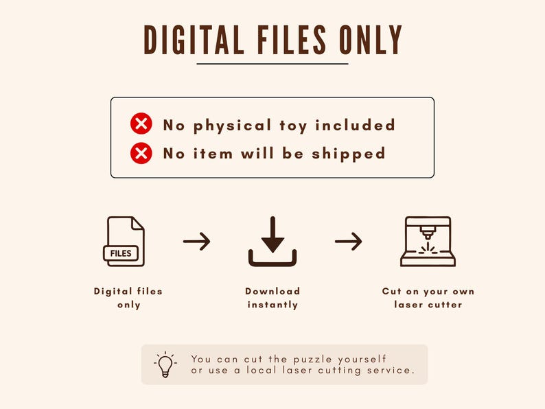 Op de afbeelding: Afbeelding die digitale bestanden voor lasersnijden promoot. Tekst luidt "DIGITAL FILES ONLY" met pictogrammen en tekst die digitale bestanden, direct downloaden en lasersnijden aangeven. Bevat een disclaimer: "Geen fysiek speelgoed inbegrepen" en "Er wordt geen artikel verzonden."