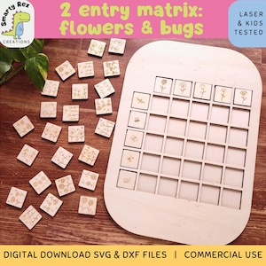 May include: A wooden 2 entry matrix game with the words "flowers & bugs" printed on it. The game includes a wooden board with 36 squares and 36 wooden tiles with images of flowers and bugs. The tiles are scattered around the board. The game is labelled "Laser & Kids Tested".