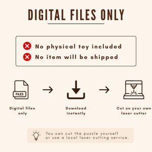 May include: Cream-colored graphic with the text "DIGITAL FILES ONLY." The image shows a file icon, a download icon, and a laser cutter icon, with text indicating digital files, instant download, and laser cutting. The text also states that no physical toy is included and no item will be shipped.