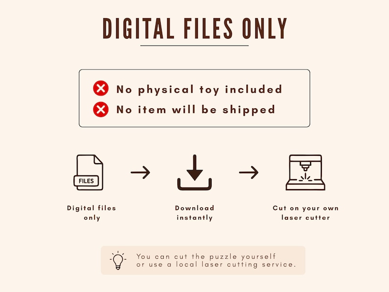 May include: Cream-colored graphic with the text "DIGITAL FILES ONLY." The image shows a file icon, a download icon, and a laser cutter icon, with text indicating digital files, instant download, and laser cutting. The text also states that no physical toy is included and no item will be shipped.