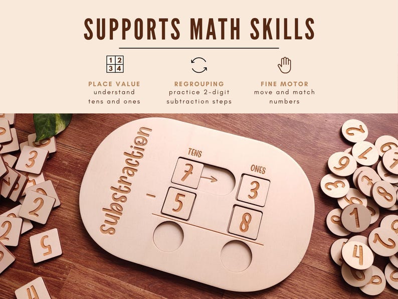 May include: Wooden subtraction math learning tool with the word "subtraction" on the side. The tool has slots for tens and ones, with wooden number tiles and the text "Supports Math Skills". Includes wooden number tiles.