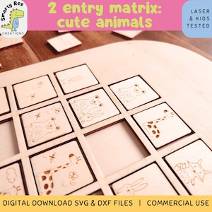 Könnte beinhalten: Holzpuzzle-Spiel mit lasergravierten Tierillustrationen. Das Spielbrett hat ein Raster aus Quadraten, die jeweils ein kleines Quadrat mit einem anderen Tierdesign enthalten. Der Text "2 entry matrix: cute animals" wird über dem Spiel angezeigt.