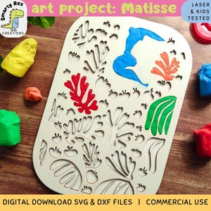 Könnte beinhalten: Eine Holzvorlage für ein Kunstprojekt im Stil von Matisse mit ausgeschnittenen Formen zum Bemalen. Die Vorlage ist mit "art project: Matisse" beschriftet und enthält den Text "LASER & KIDS TESTED".