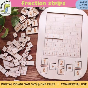 May include: A set of wooden fraction strips for teaching math concepts. The strips are labeled with fractions, such as 1/2, 1/3, 1/4, and 1/6. The set also includes a wooden board with a grid and a fraction equation. The equation is 1/6 + 2/6 = 3/6. The set is labeled "fraction strips" and "laser & kids tested".