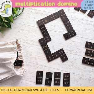 Könnte beinhalten: Ein Satz Holzdomino mit darauf gedruckten Multiplikationsgleichungen. Die Dominosteine sind schwarz mit goldener Beschriftung und in einem Kreis auf einer weißen Holzoberfläche angeordnet. Die Dominosteine sind mit Multiplikationsfakten wie 5 x 2, 6 x 1, 8 x 2 und 12 x 4 beschriftet.