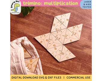 Trimino-vermenigvuldiging laserbestanden, wiskundespel SVG DXF, dominostenen wiskunde lasercut, leermiddelen elementaire wiskunde, wiskundecentrum 4e leerjaar