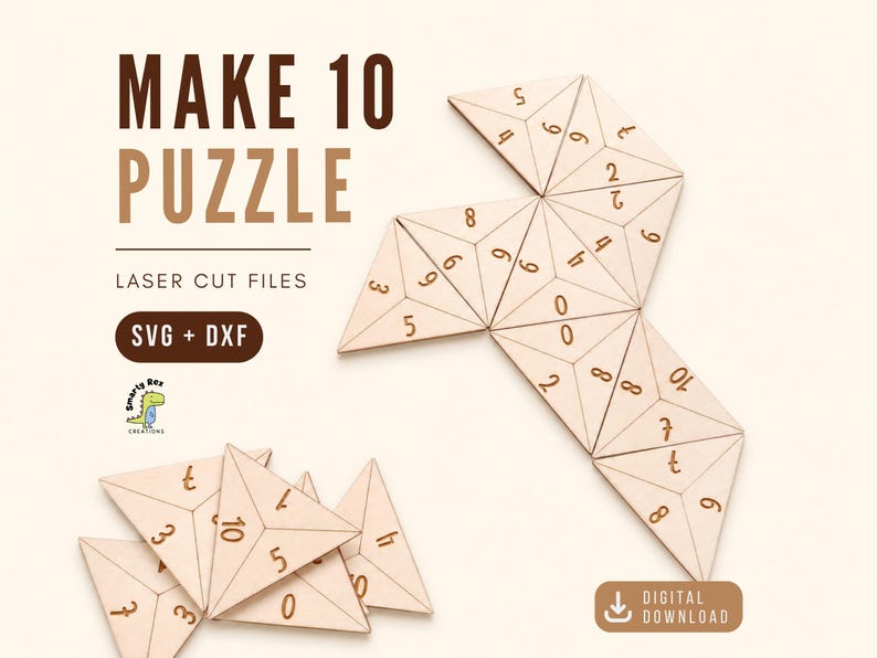 Op de afbeelding: Houten "Make 10 Puzzel" met lasergesneden driehoekige stukken. De puzzelstukken zijn lichtbruin met cijfers erop gedrukt. De afbeelding bevat de tekst "MAKE 10 PUZZLE" en "LASER CUT FILES".