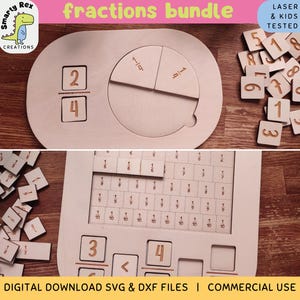 Könnte beinhalten: Ein hölzernes Lernspiel für Brüche mit einem Kreis, der in Viertel geteilt ist, einem Raster mit 1/16 und einem Satz Zahlenplättchen. Das Set ist mit "fractions bundle" und "laser & kids tested" beschriftet.