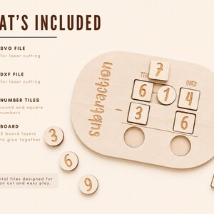May include: Wooden subtraction learning board with number tiles. The board has the word "subtraction" engraved on it. Includes number tiles and a board with spaces for tens and ones. The image also shows the text "What's Included".