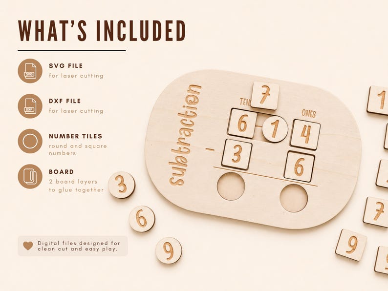 May include: Wooden subtraction learning board with number tiles. The board has the word "subtraction" engraved on it. Includes number tiles and a board with spaces for tens and ones. The image also shows the text "What's Included".