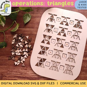 May include: A wooden board with a cutout design of triangles and math symbols. The board is light brown and has the words "operations: triangles" printed on it. There are also a set of wooden triangle pieces in the image.