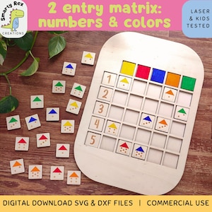 Può includere: Un tabellone di legno con una griglia di quadrati, numerati da 1 a 5. Il tabellone è progettato per un gioco di matrice a 2 ingressi usando piccole case di legno con tetti colorati. Le case sono sparse intorno al tabellone. Il testo "2 entry matrix: numbers & colors" è stampato sul tabellone.