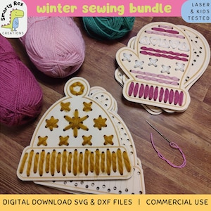 May include: A winter sewing bundle featuring wooden hat and mitten shapes with embroidered details, alongside balls of pink and green yarn. The image includes a needle and the text "winter sewing bundle".